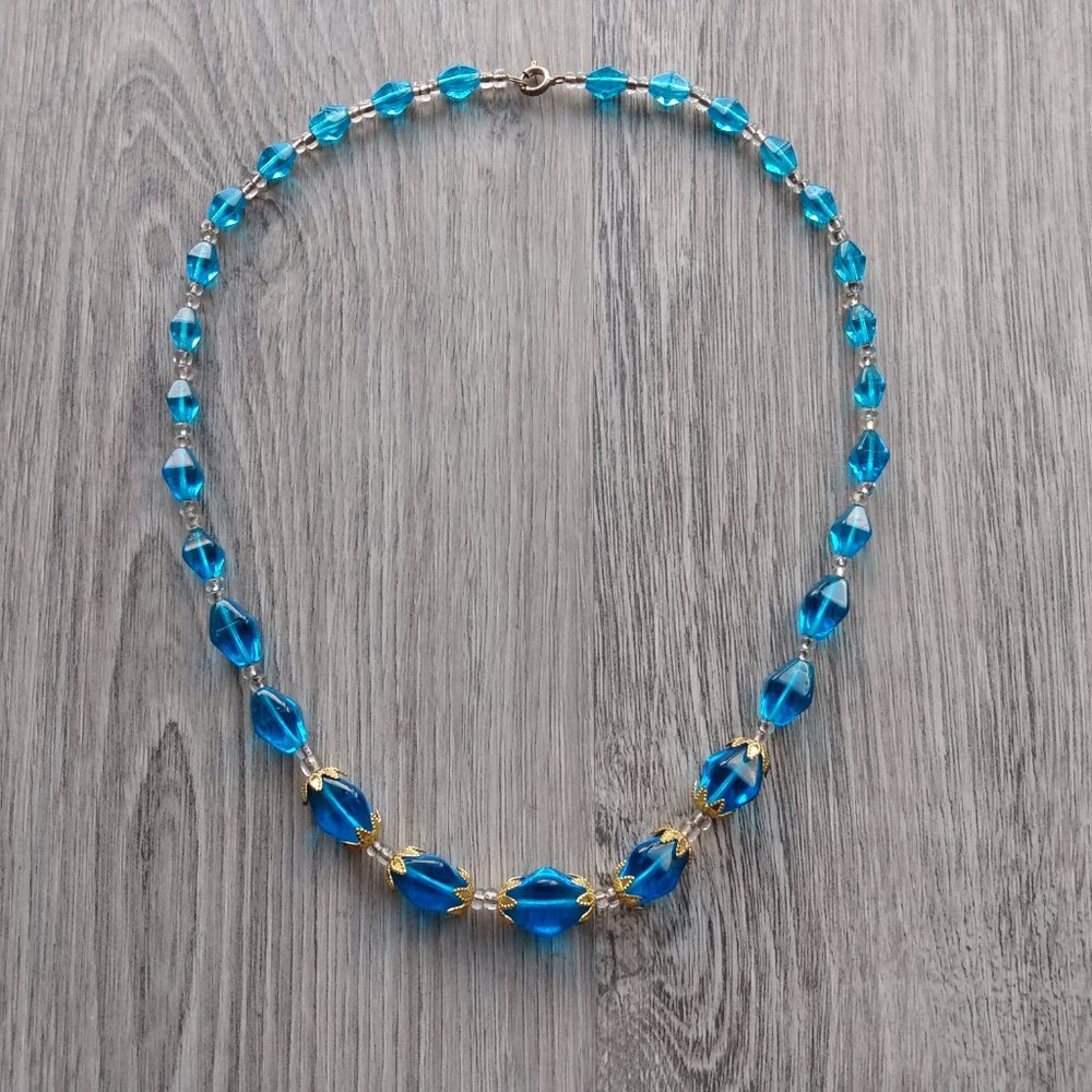 Vintage Blue Glass Beaded Necklace Made in Czechoslovakia Gold Tone Bead Caps